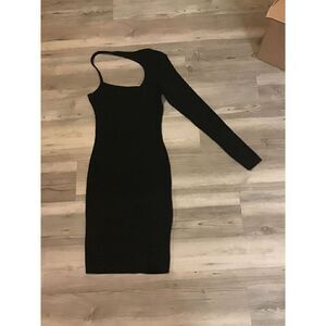 NEW~Pretty Black Ribbed Knit One Shoulder Long Sleeve Bodycon Mini Dress Sz L